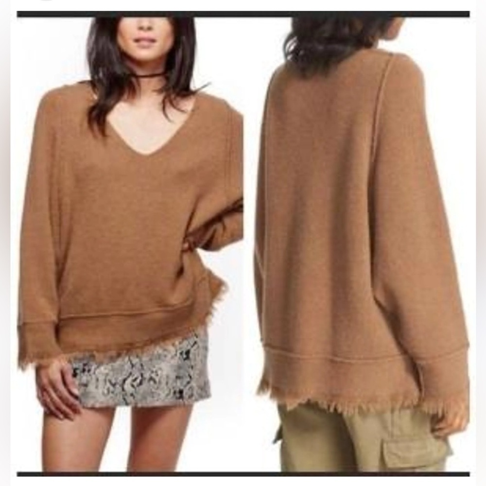 Free People Tan V-Neck Sweater with Fringe - Picture 3 of 13